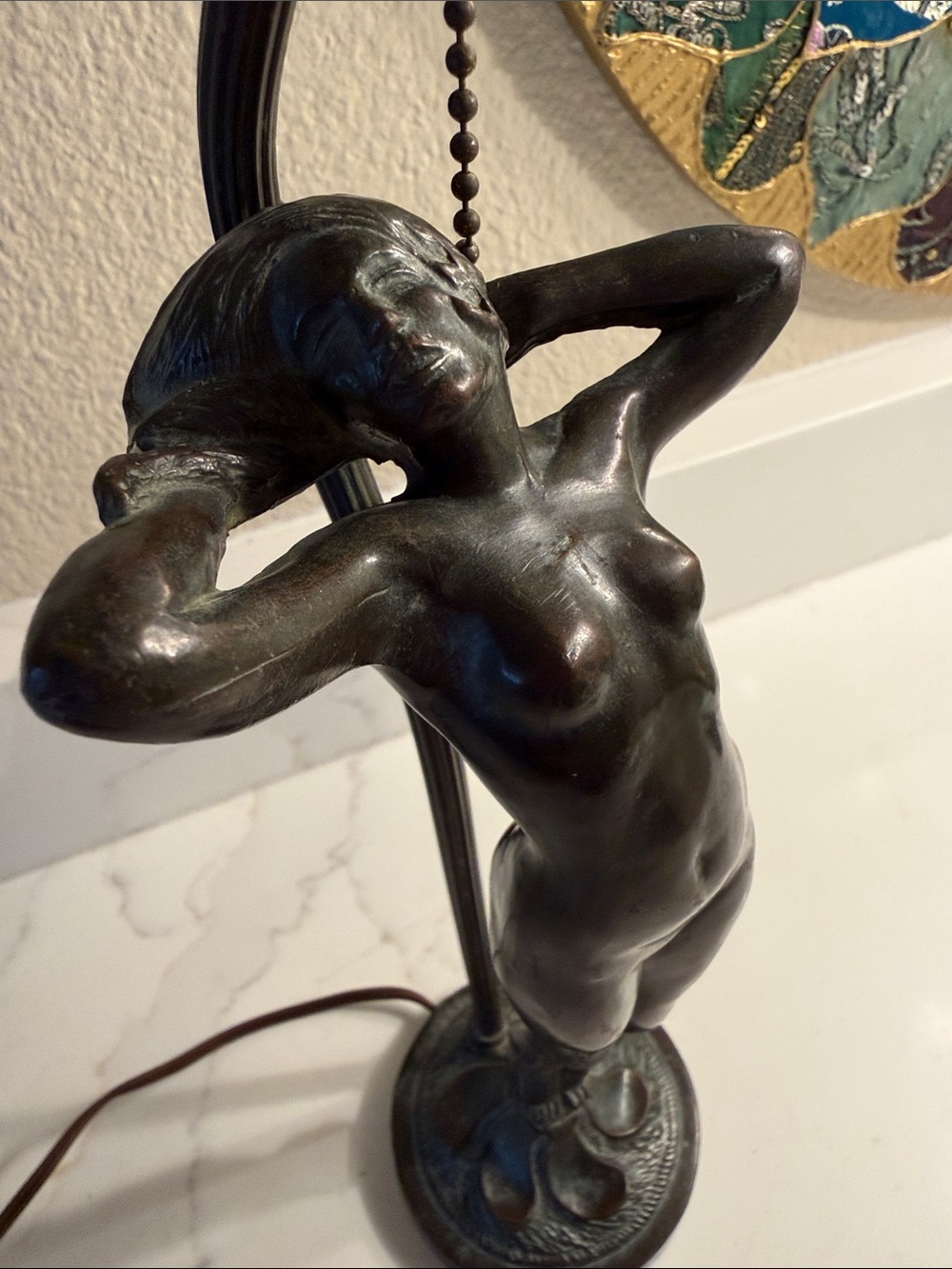 Vintage Bronze Finish Art Nouveau Female Figurine Table Lamp 1929 Pull Chain